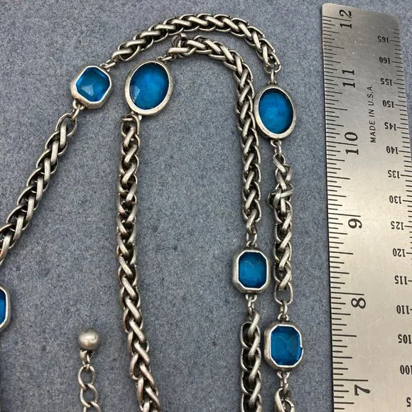 Chicos Long Necklace As Is Silver Chain Teal Blue Faceted Bezel Bead Retro BoHo - Picture 9 of 12